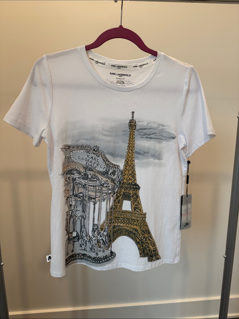 Karl Lagerfeld Paris Embellished White Tee with Eiffel Tower Print Size XS NWT